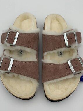 Birkenstock Arizona Shearling Lavender Blush Suede Leather Narrow Width Sandals